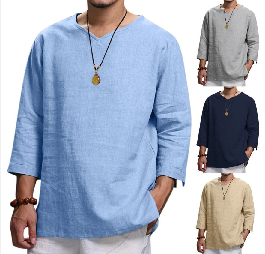 Men′s Plus Size T-Shirt Long-Sleeve V-Neck Cotton and Linen Loose T Shirt Fashion Tops Shirts for Men Summer Clothing