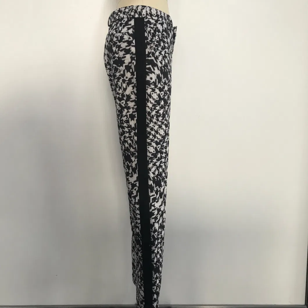 New Design Printed Poly Knit Fabric Side Tape Down Straight Leg Fit Women Pant