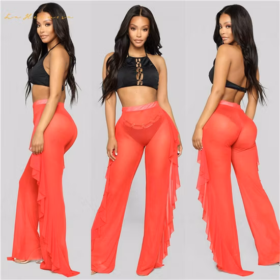 Women Ruffle Pants Beach Swimsuit Cover up Sheer Bikini Swimwear Sexy Mesh Pants