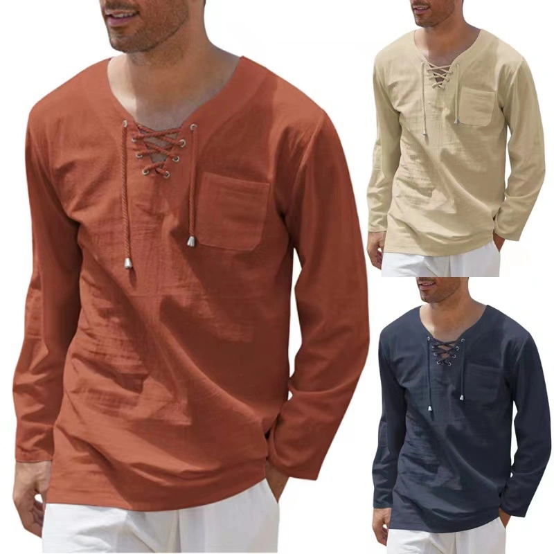 Hot Sale Fashion Men′ S Solid Color Pullover Lace-up V-Neck Pocket Long-Sleeved Loose Blouse Male Cotton Linen Shirt