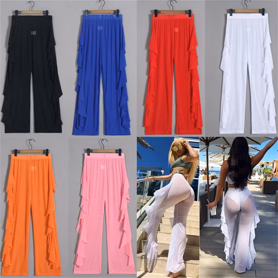 Women Ruffle Pants Beach Swimsuit Cover up Sheer Bikini Swimwear Sexy Mesh Pants