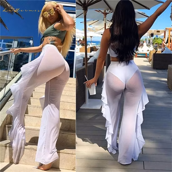 Women Ruffle Pants Beach Swimsuit Cover up Sheer Bikini Swimwear Sexy Mesh Pants