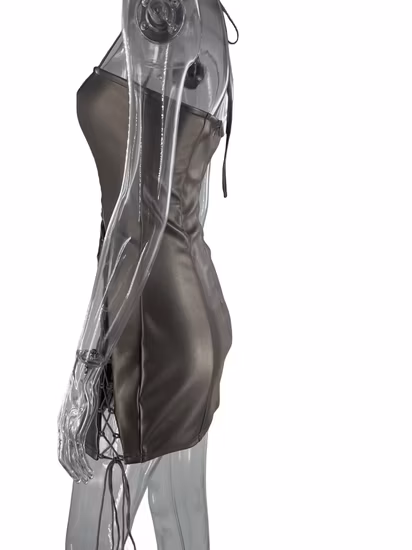 Faddish Women&prime;s Sexy Square Collar Pleated Hollow out Dew Backpack Buttock Short Skirt