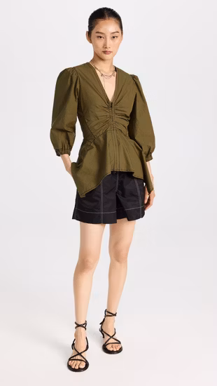 V-Ausschnitt OEM China New Design Bekleidungsfabrik Heißer Verkauf Großhandel Mode Sommer Elegante 3/4 Puffärmel Damenbekleidung Damenbluse mit elastischen Manschetten