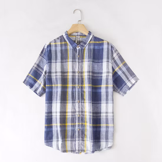 Großhandel Herren Plaid Leinen Baumwolle Slim Fit Frühling Herbst Männlich Casual Marken-Kurzarmhemden